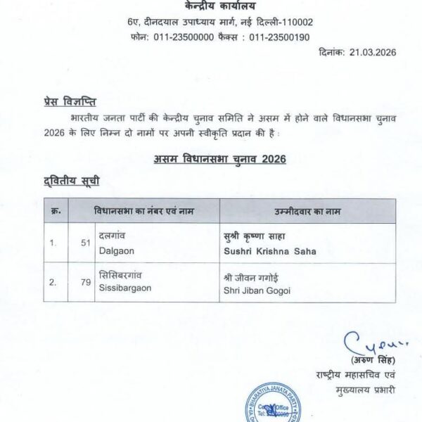 ঘোষণা হ’ল বিজেপিৰ দ্বিতীয়খন প্ৰাৰ্থীৰ তালিকা